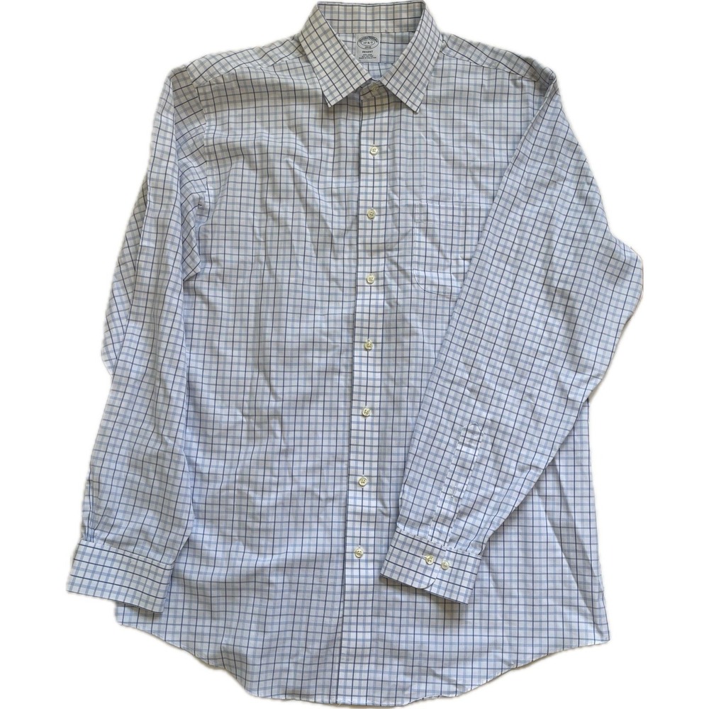 Brooks Brothers Regent Non-Iron Dress Shirt Men 17 34/35 Blue Check 100% Cotton
